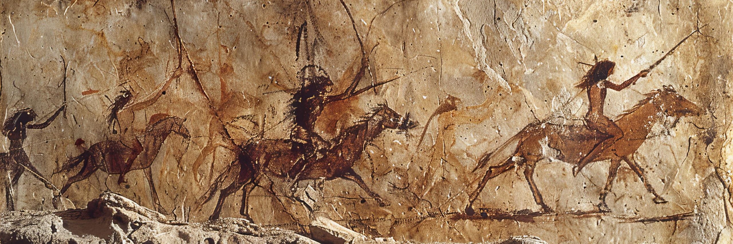 spider phobia treatment - cave painting showing 3 men hunting on horseback with spears