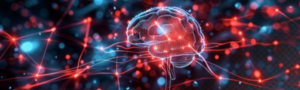 Graphic of a Brain overlaid with a neural network of connections symbolised by red connections between red and blue nodes.