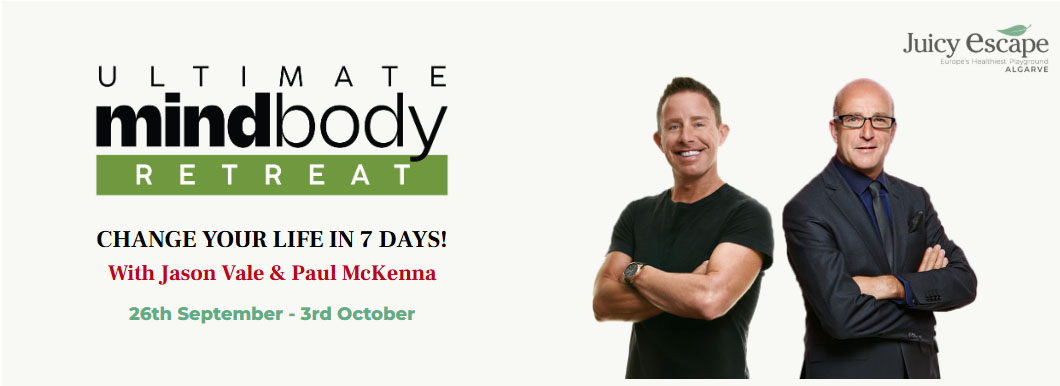Promotion banner for Jason Vale and Paul Mckenna Ultimate Mind Body Retreat with Jason and Paul standing side by side. 